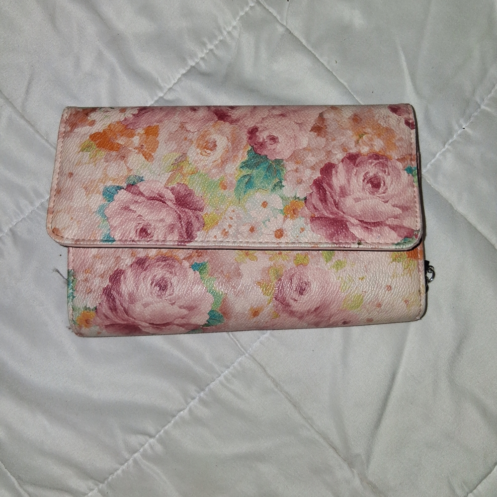 Pink Floral Fold-Over Wallet Clutch
